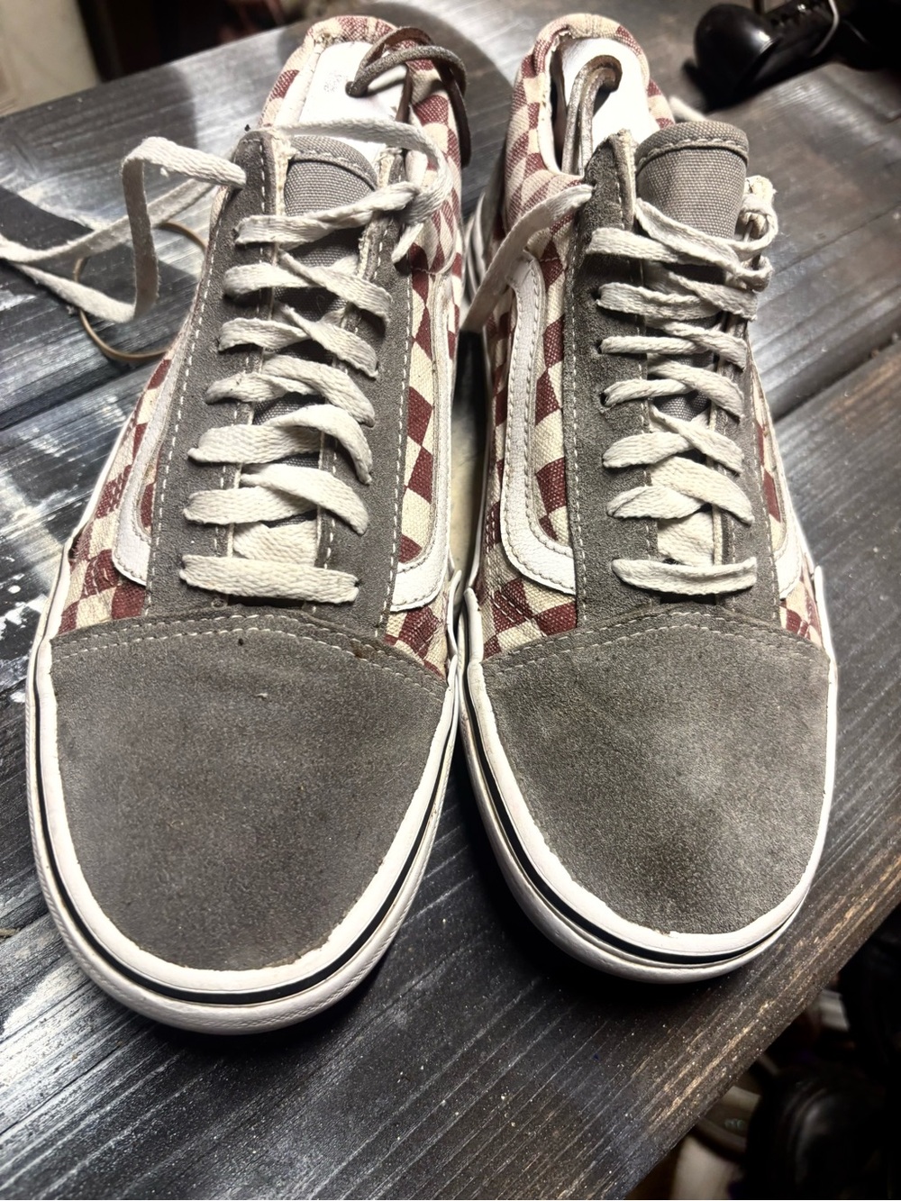 Vans Old Skool white and maroon checkered sneakers Womens 8.5
